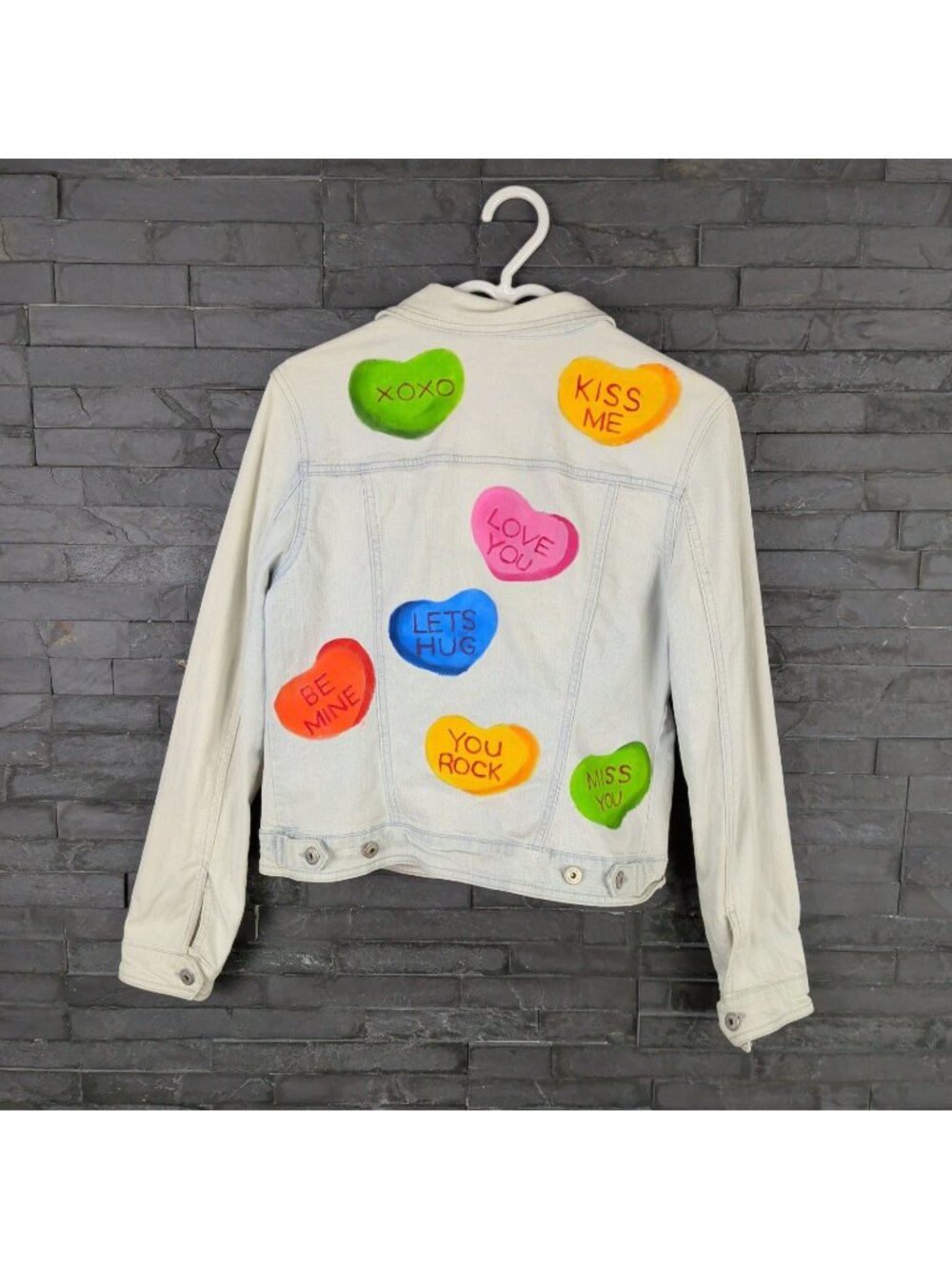 Custom Jean Jacket Wearable Art Painted Candy Boho Love Upcycled Women Sz M OOAK